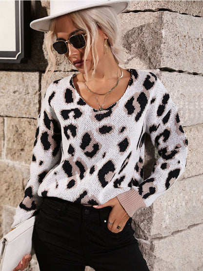 Fashion Women's Long Sleeve Leopard V-Neck Sweater