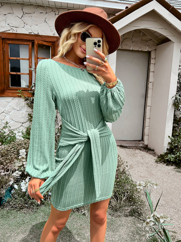 Women's Round Neck Long Sleeve Waist Slim Dress