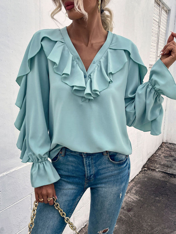 Women's Solid V-Neck Ruffle Panel Top