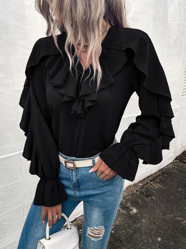 Women's Solid V-Neck Ruffle Panel Top