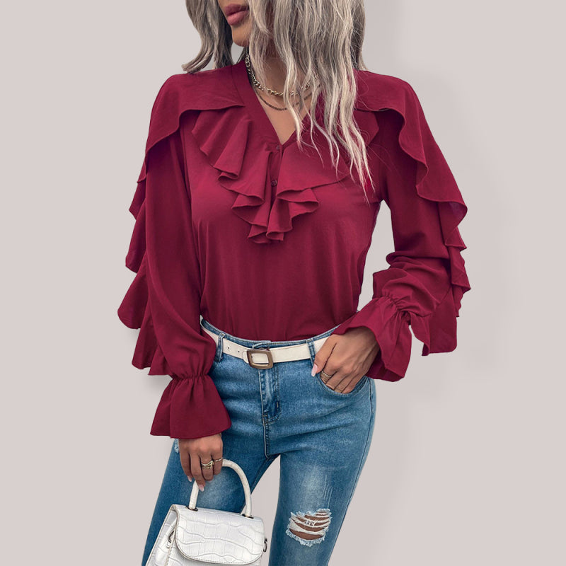 Women's Solid V-Neck Ruffle Panel Top