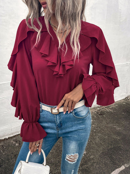 Women's Solid V-Neck Ruffle Panel Top