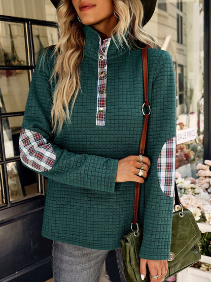 Women's Plaid Panel Zip Long Sleeve Top