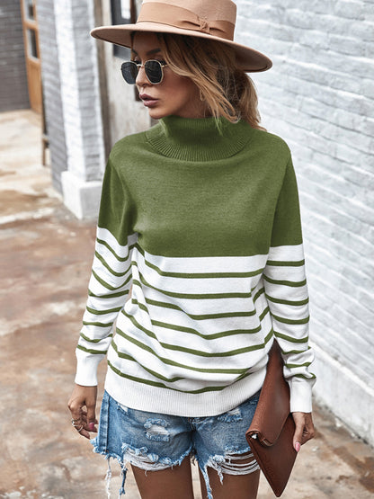 Women's Long Sleeve Turtleneck Striped Sweater