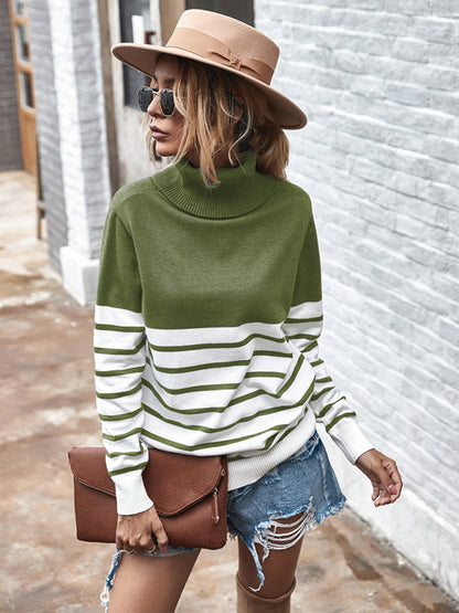 Women's Long Sleeve Turtleneck Striped Sweater