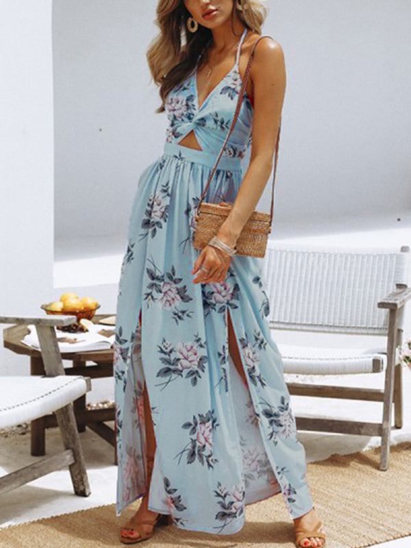 Women's halter V-neck chiffon print dress sexy split beach dress