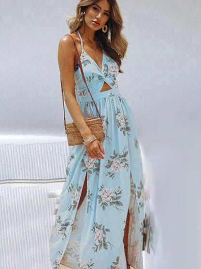 Women's halter V-neck chiffon print dress sexy split beach dress