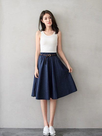 Women Casual Midi High-Waist A-Line Skirt