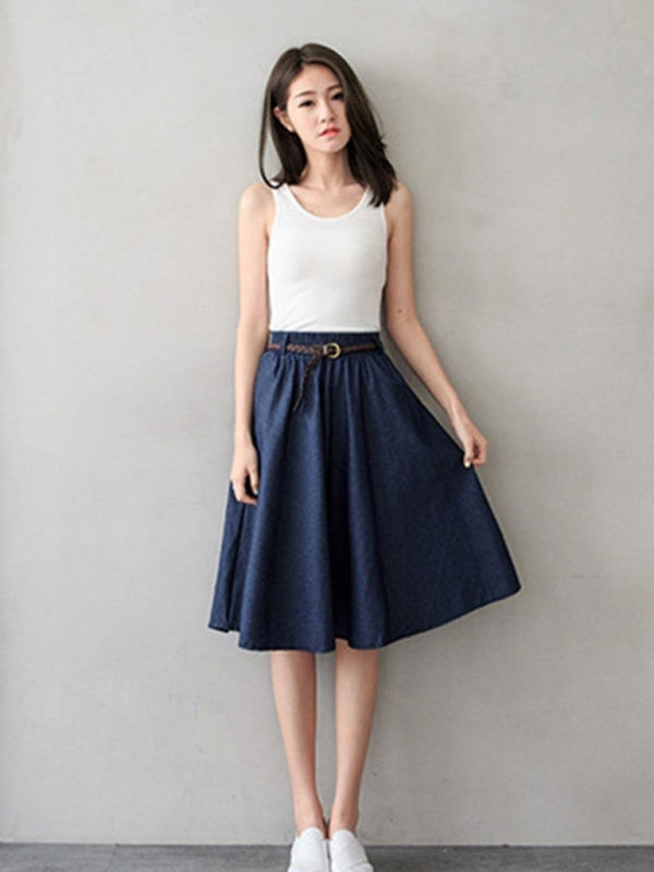 Women Casual Midi High-Waist A-Line Skirt