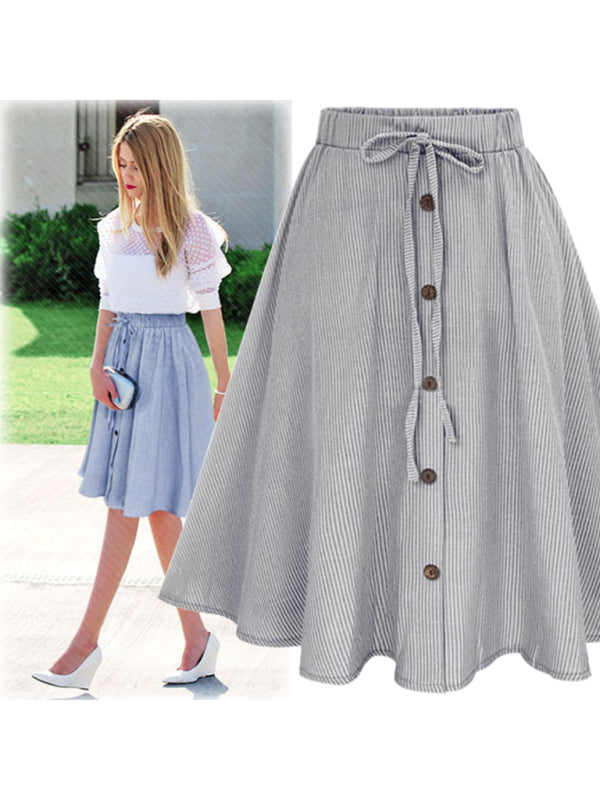 Women's Elastic Waist Button-Up Striped Skirt