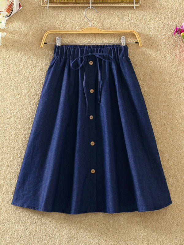 Elastic Waist Button-Down A-Line Denim Skirt