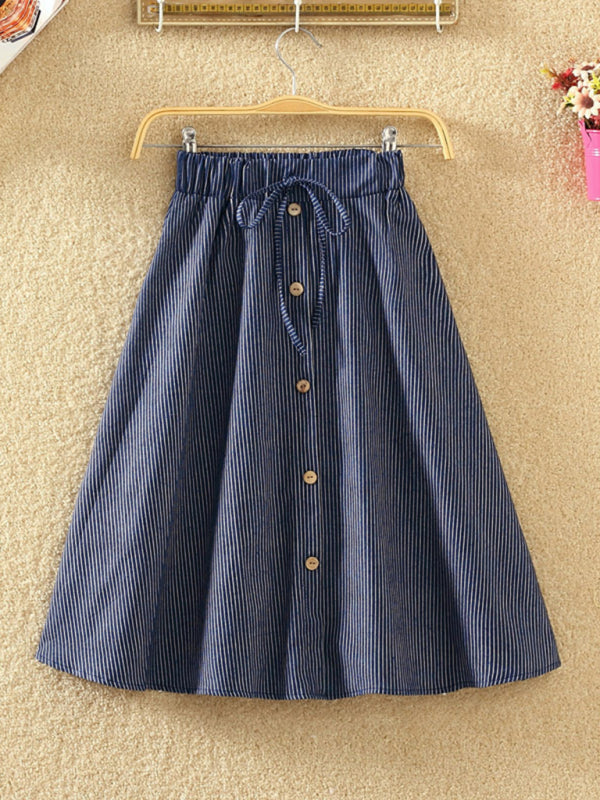 Elastic Waist Button-Down A-Line Denim Skirt