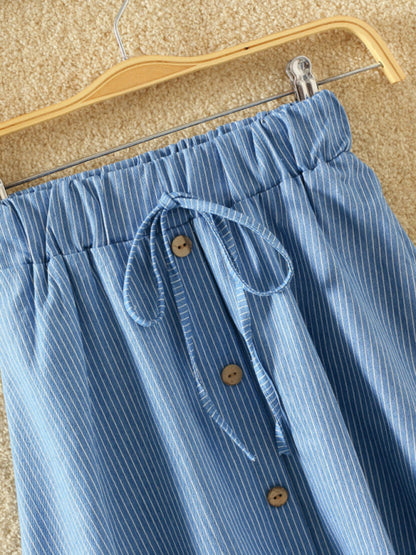 Elastic Waist Button-Down A-Line Denim Skirt