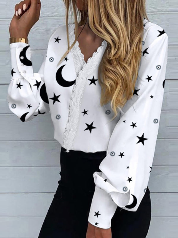 Women's Printed Lace Long Sleeve Top