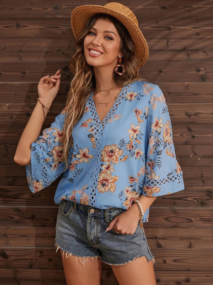 Women's V-neck printed patchwork lace flared sleeve top