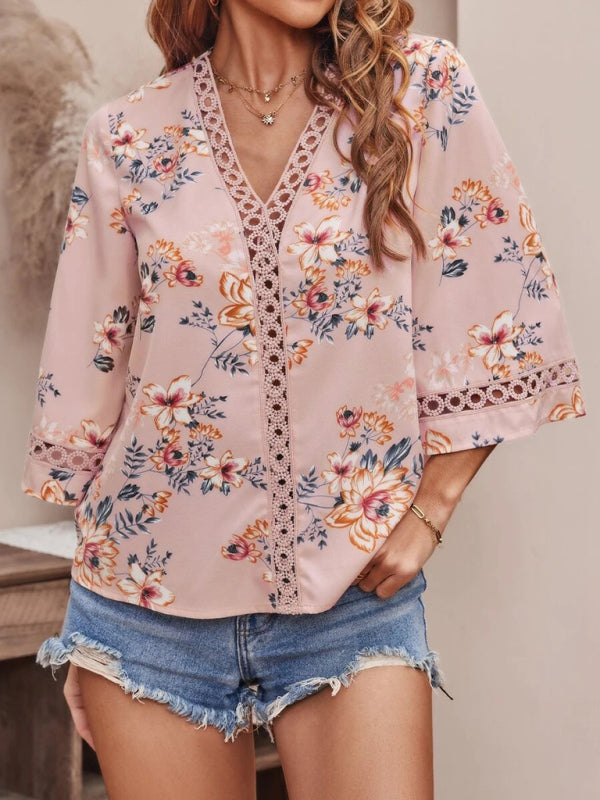 Women's V-neck printed patchwork lace flared sleeve top