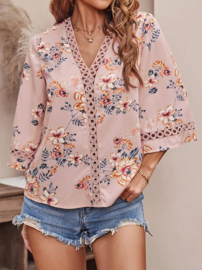 Women's V-neck printed patchwork lace flared sleeve top