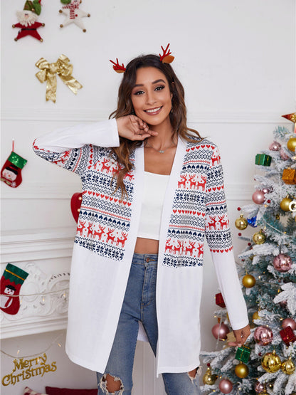 Women's loose color blocking Christmas print casual cardigan