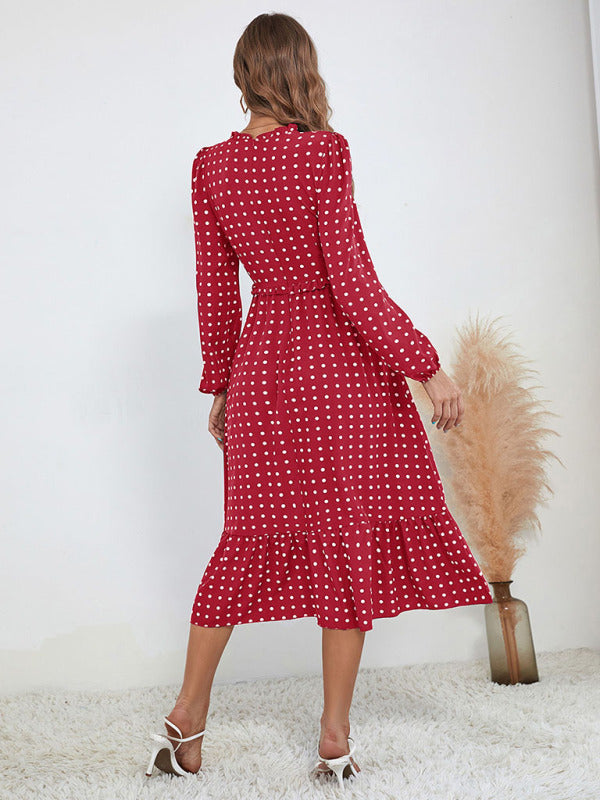 Women's casual long sleeve French polka dot dress