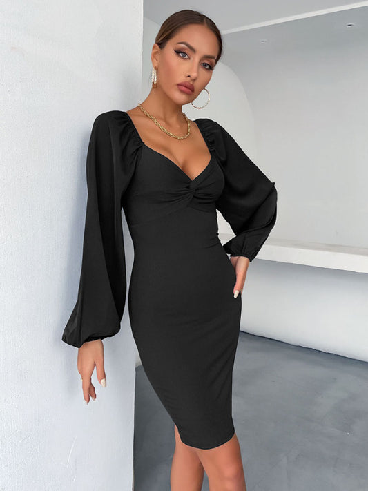 Women's long-sleeved v-neck package hip dress dress