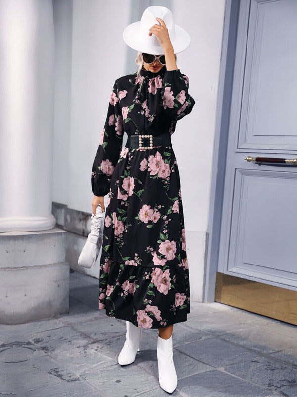 Women's print long sleeve half high neck long dress dress