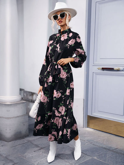 Women's print long sleeve half high neck long dress dress