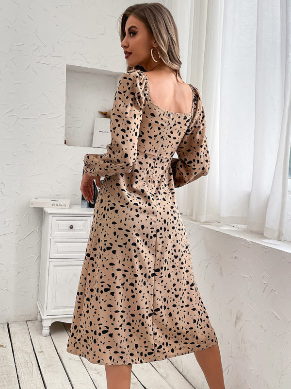 Women's retro women's leopard print backless long-sleeved elegant dresses