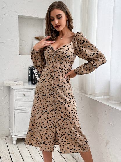 Women's retro women's leopard print backless long-sleeved elegant dresses