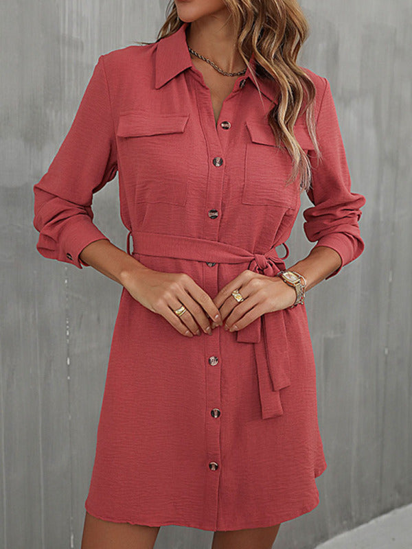 Women's dress red long -sleeved lapel -style skirt