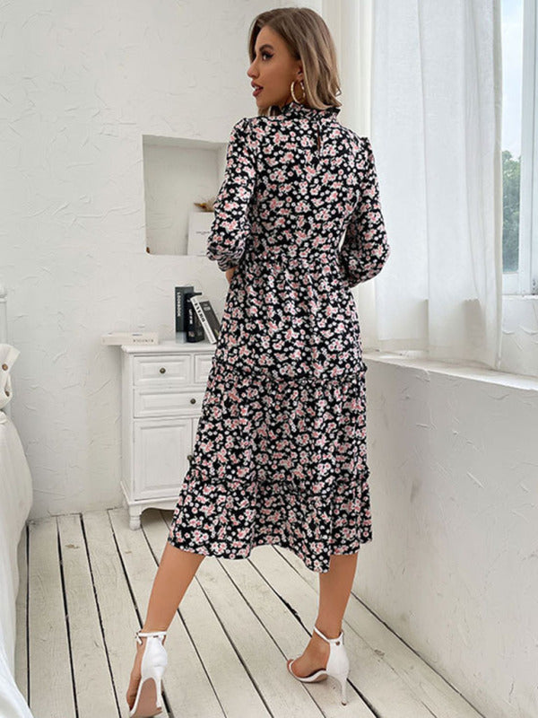 Women's mid -length semi -high -neck wrinkles print dress