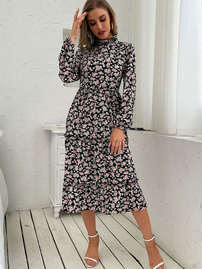 Women's mid -length semi -high -neck wrinkles print dress