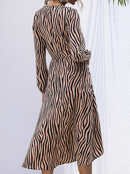 Women's zebra pattern V -neck tie a long -sleeved dress