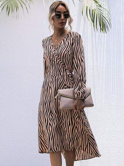 Women's zebra pattern V -neck tie a long -sleeved dress