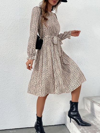 Women's leopard print lace-up long-sleeved pleated dress