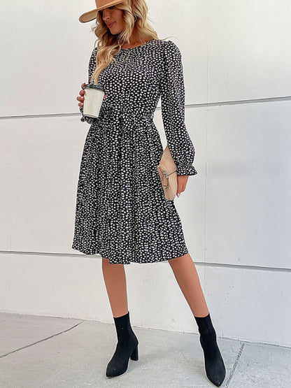 Women's leopard print lace-up long-sleeved pleated dress