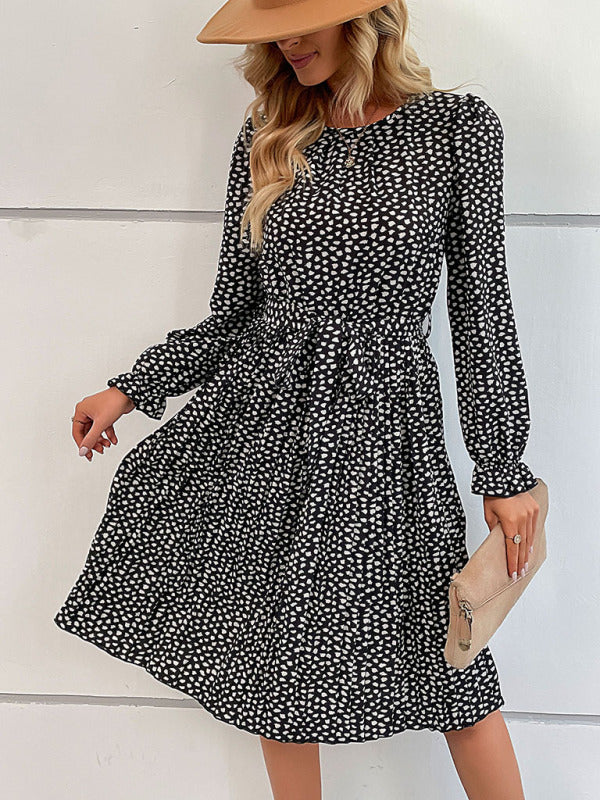 Women's leopard print lace-up long-sleeved pleated dress