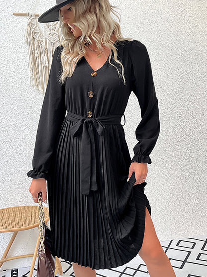 Women's casual long-sleeved pleated dresses