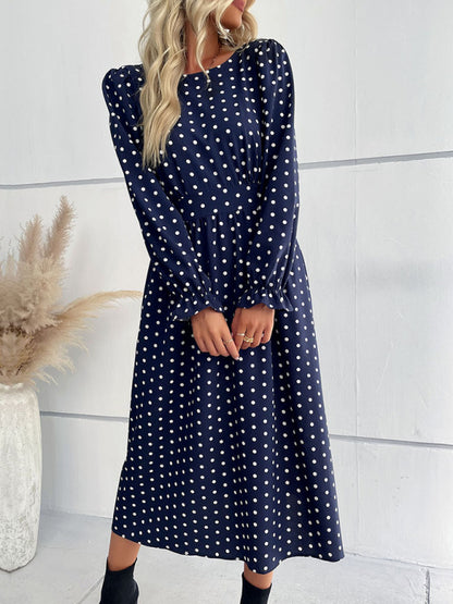 Women's round neck waist polka dot dress