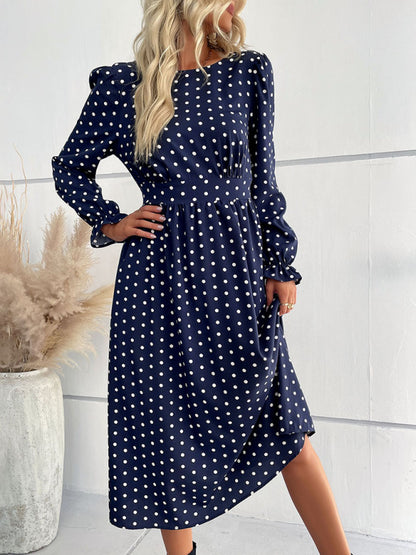 Women's round neck waist polka dot dress