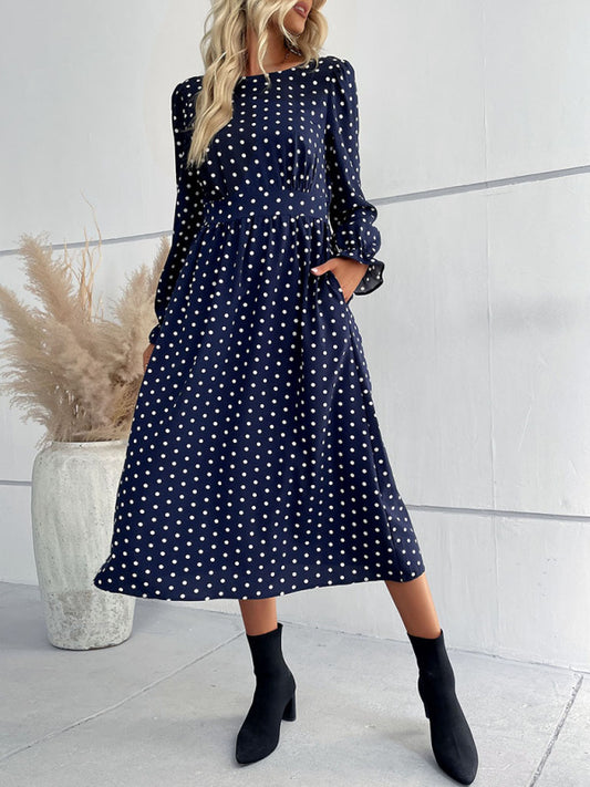 Women's round neck waist polka dot dress