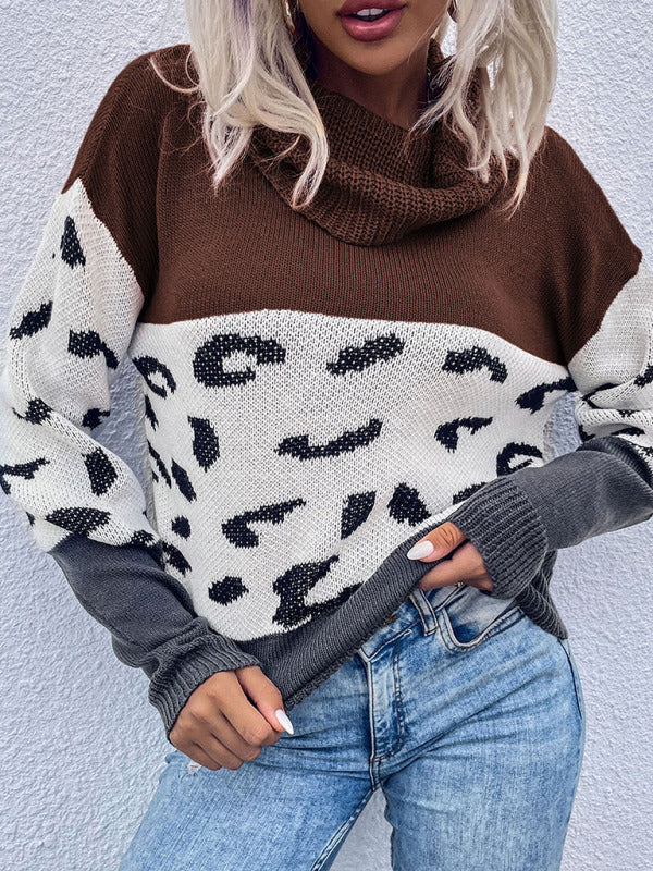 Women's leopard print collision color pile collar long sleeve pullover sweater