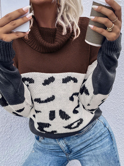 Women's leopard print collision color pile collar long sleeve pullover sweater