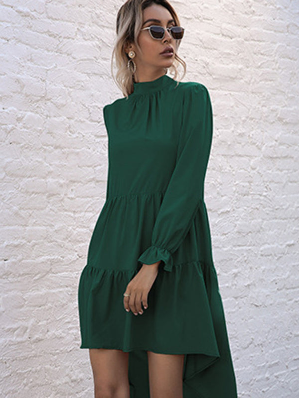 Women's High-Neck Ruffle Hem Long Sleeve Dress