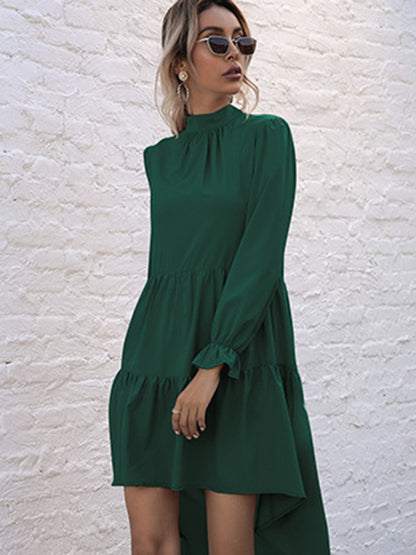 Women's High-Neck Ruffle Hem Long Sleeve Dress