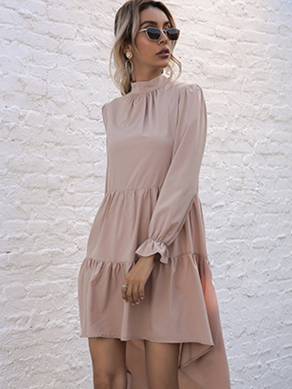 Women's High-Neck Ruffle Hem Long Sleeve Dress