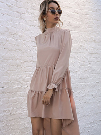 Women's High-Neck Ruffle Hem Long Sleeve Dress