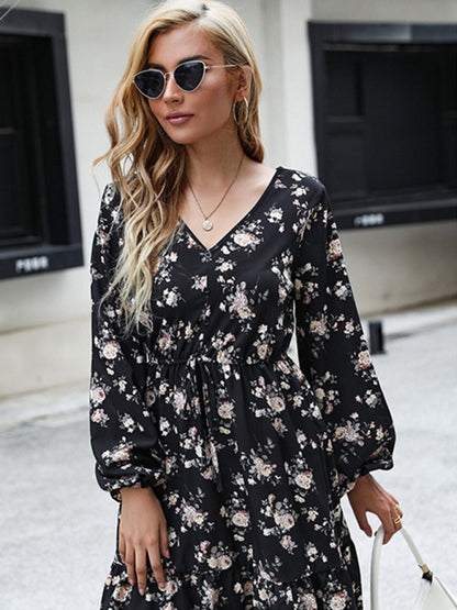 Boho Floral Print Long Sleeve Dress