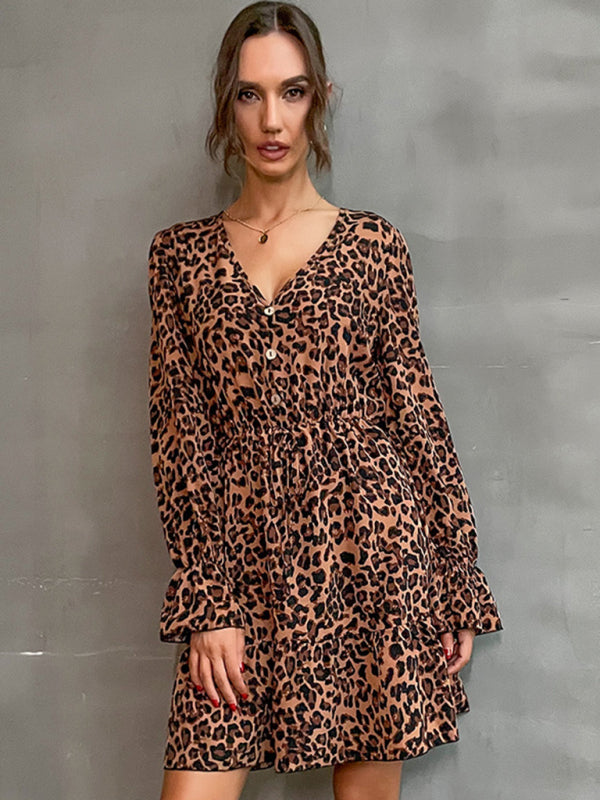 Leopard Print Buttoned Long Sleeve Dress