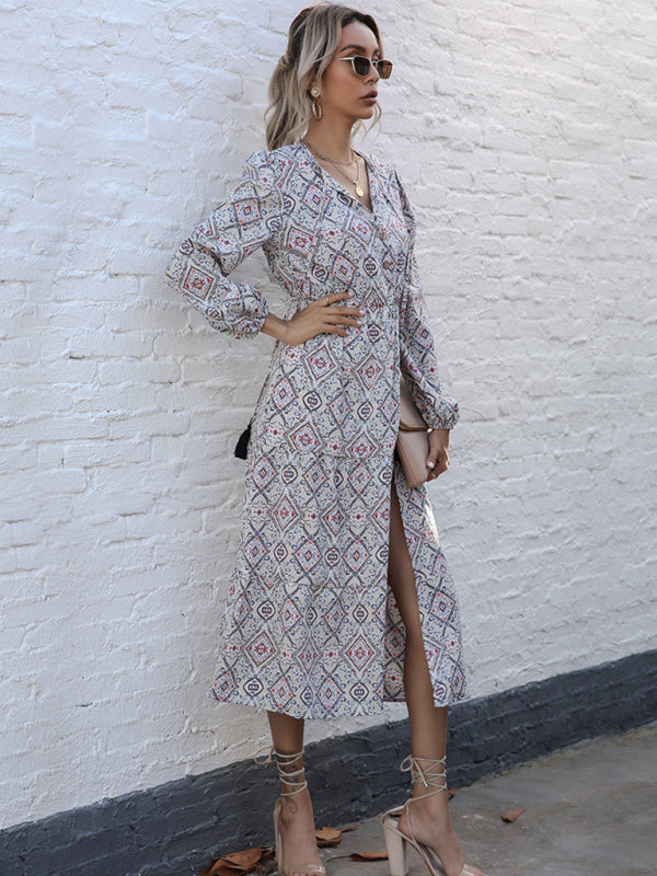 Geometric Print Long Sleeve Midi Dress