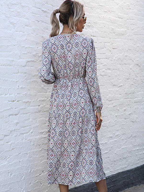 Geometric Print Long Sleeve Midi Dress